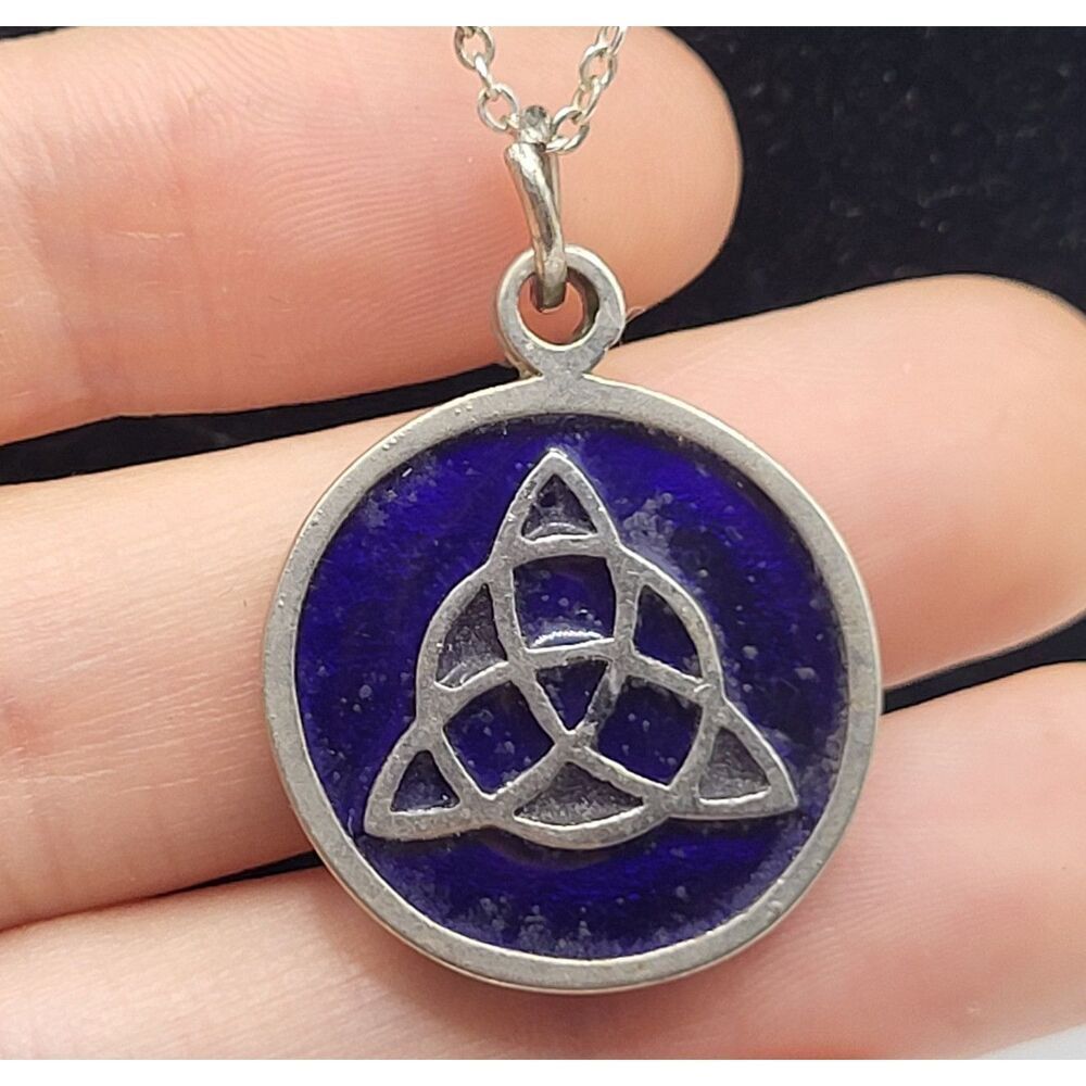 Celtic Triquetra Blue Enamel Pendant Necklace 18in